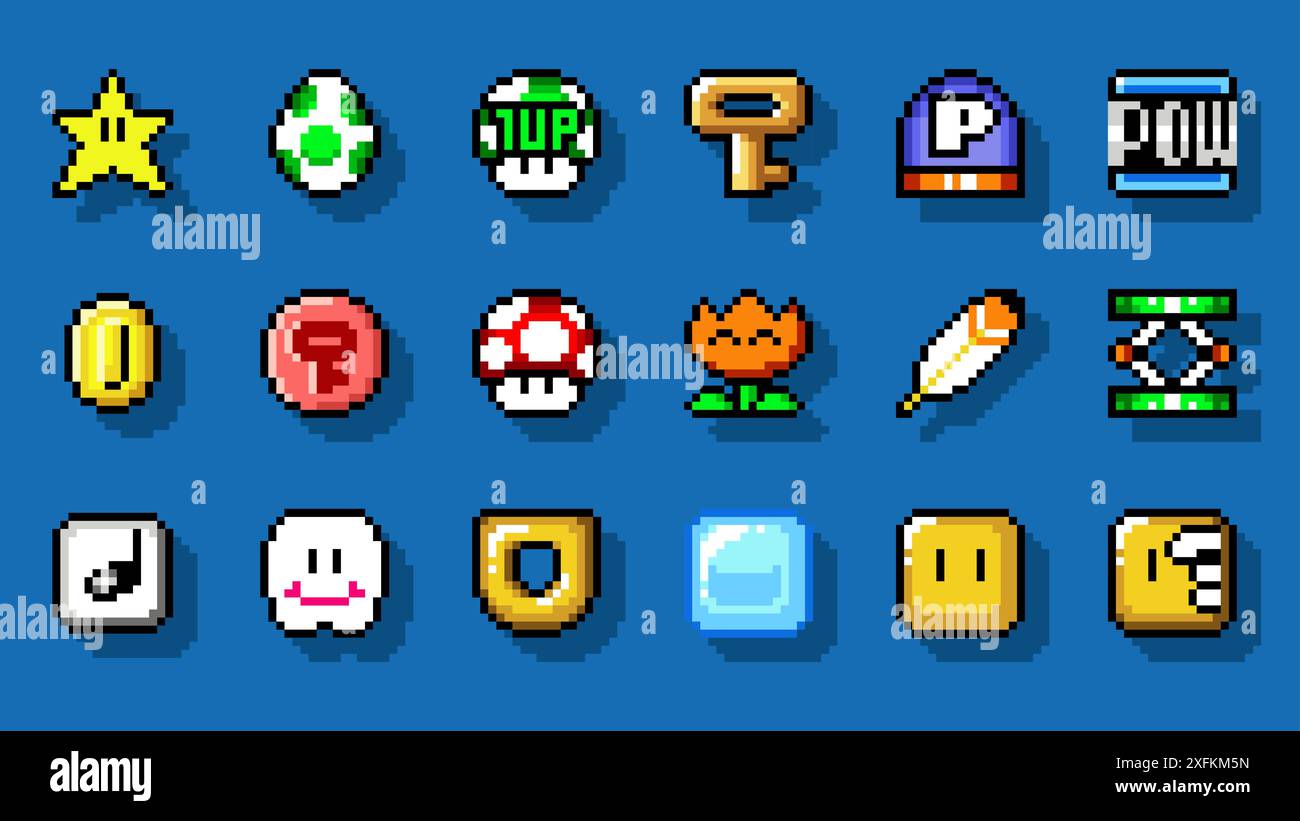 1 febbraio 2020: Set di oggetti dal classico videogioco Super Mario World, illustrazione vettoriale pixel design. Super Mario World è una piattaforma video gam Illustrazione Vettoriale