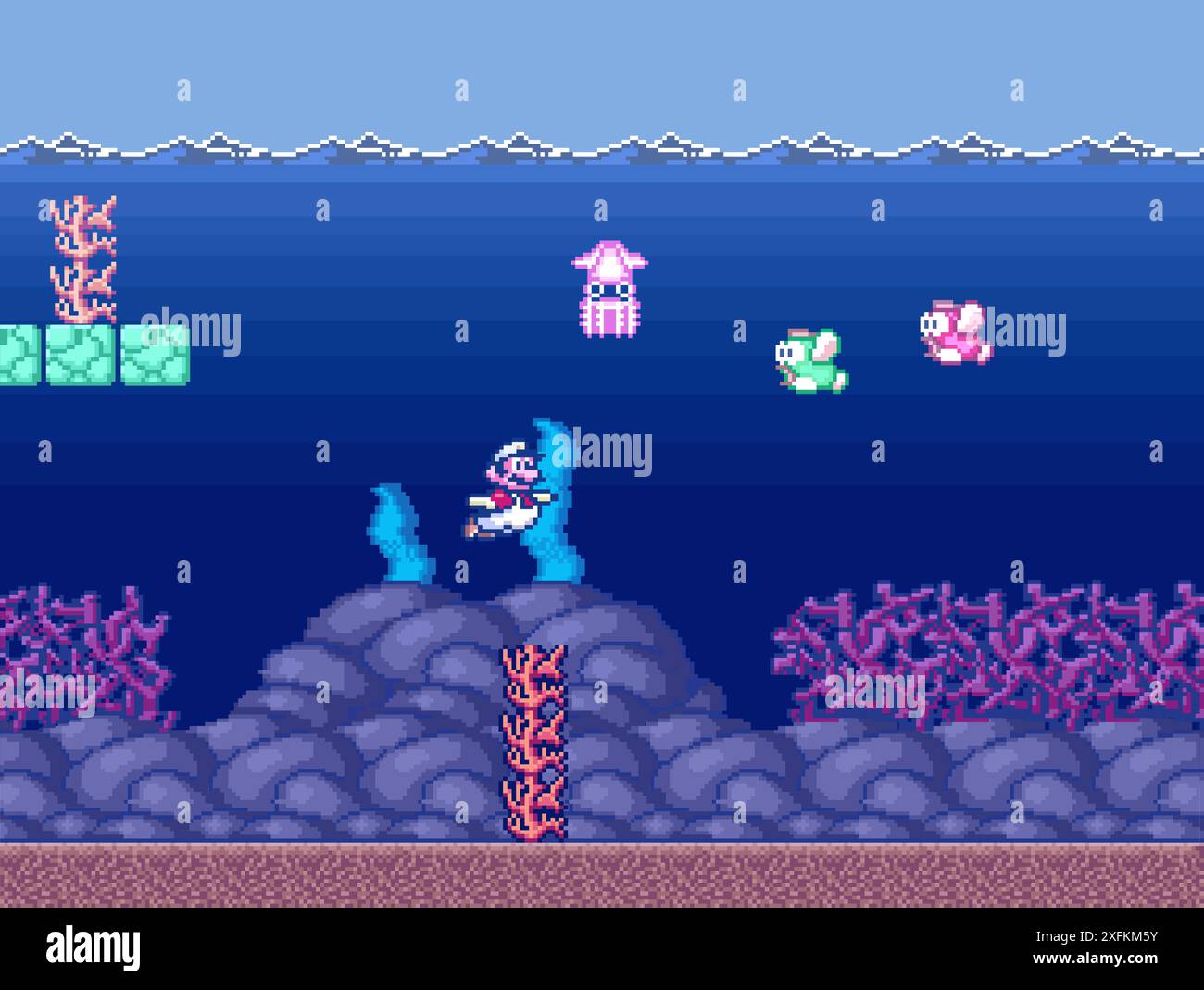 Kiev, Ucraina - 09 settembre 2021: Mario Underwater in Art of 16-bit Super Mario Bros classico videogioco, disegno pixel vettoriale illustrazione. Super Mar Illustrazione Vettoriale