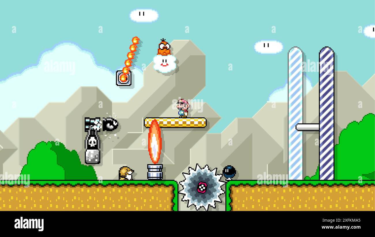 1 febbraio 2020: Mario alla fine del livello, arte del videogioco classico di Super Mario World, illustrazione vettoriale di pixel design. Super Mario World è un PL Illustrazione Vettoriale