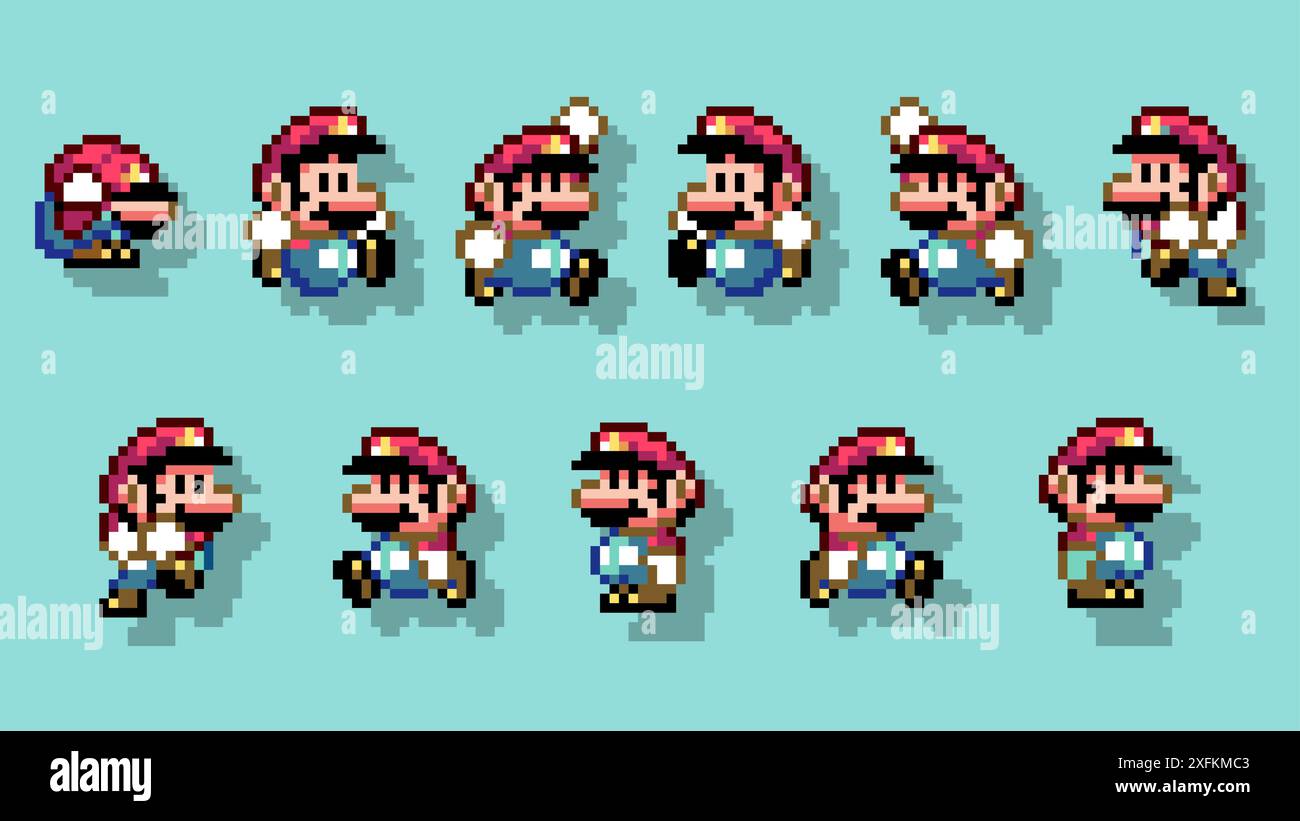 1° febbraio 2020: Set of Little Mario Moves, arte del videogioco classico di Super Mario World, illustrazione vettoriale di pixel design. Super Mario World è un PL Illustrazione Vettoriale