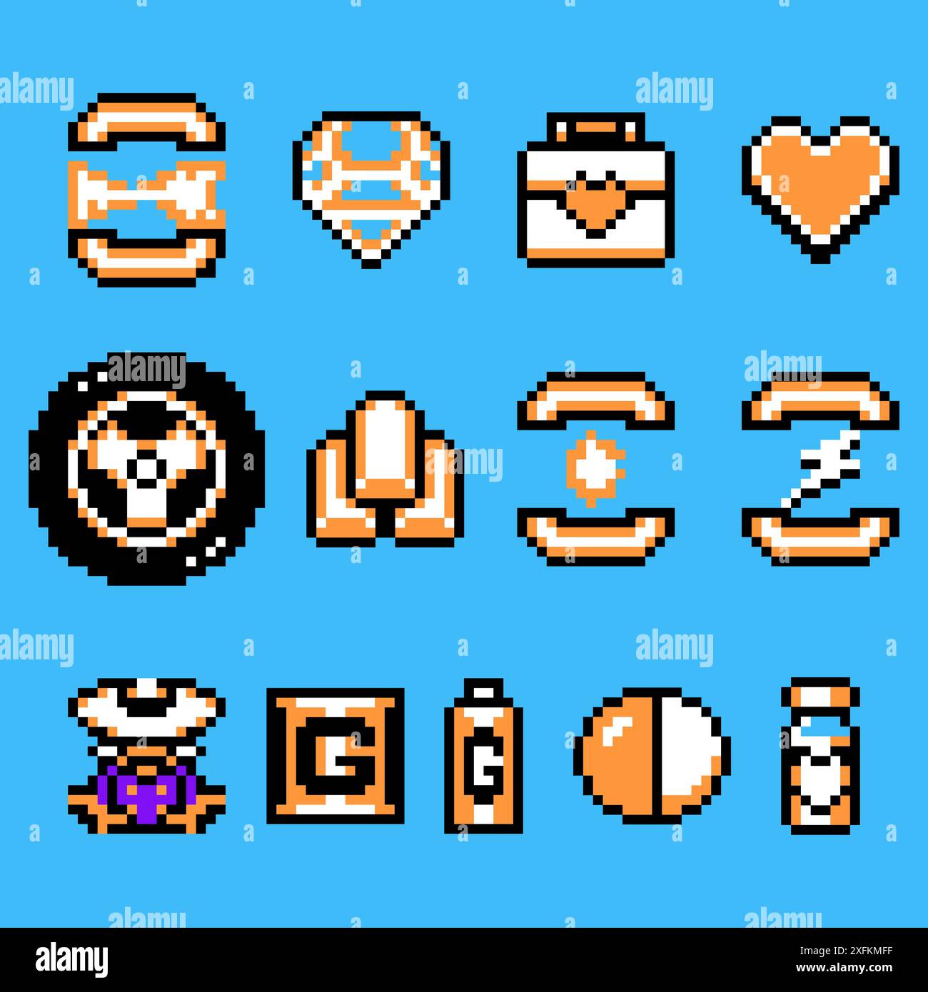 Kiev, Ucraina - 06 dicembre 2021: Set di oggetti bonus dal classico videogioco Darkwing Duck a 8 bit, illustrazione vettoriale pixel design. Darkwing Duck sì Illustrazione Vettoriale