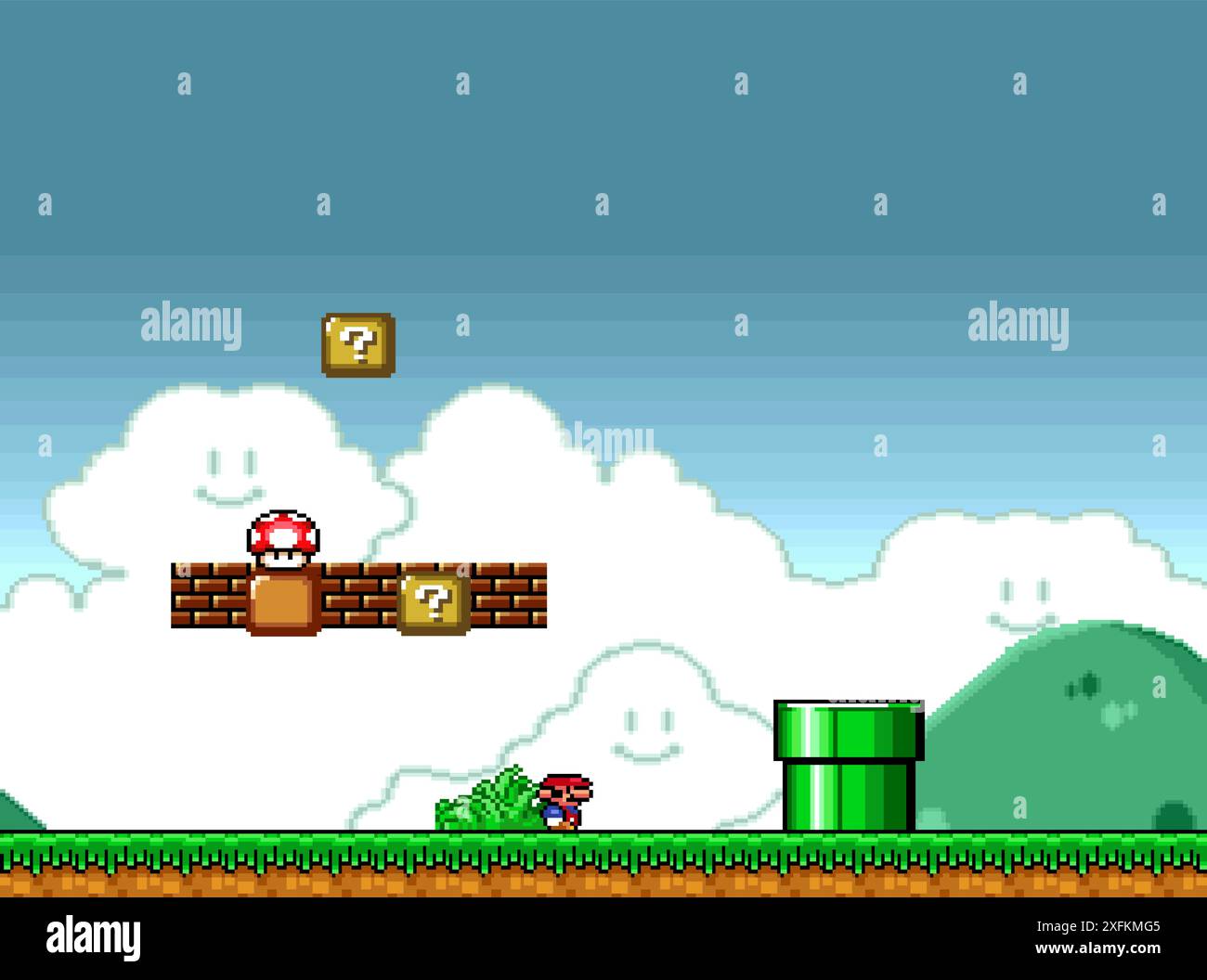 Kiev, Ucraina - 09 settembre 2021: Art of 16-bit Super Mario Bros classico videogioco, illustrazione vettoriale pixel design. Super Mario Bros è un platform Illustrazione Vettoriale