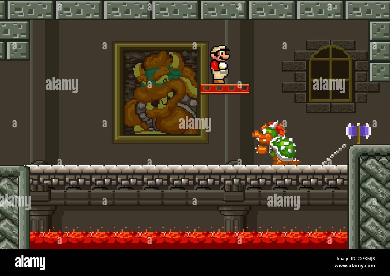 Kiev, Ucraina - 09 settembre 2021: Mario nel castello Bowser, arte del videogioco Super Mario Bros a 16 bit, illustrazione vettoriale pixel design. Super Mar Illustrazione Vettoriale