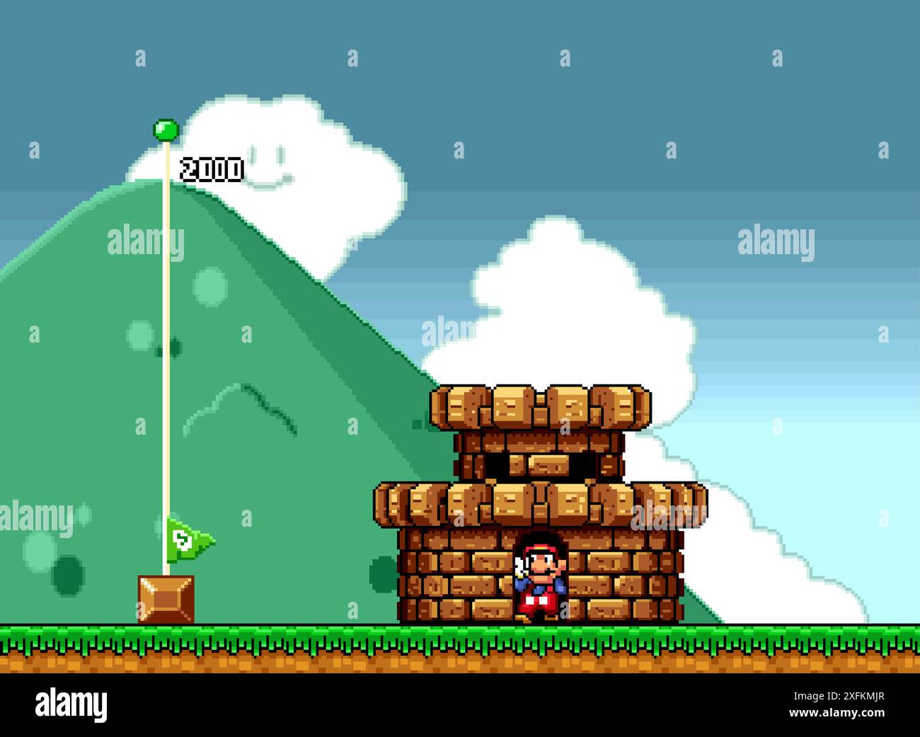 Kiev, Ucraina - 09 settembre 2021: Mario alla fine del livello, arte del videogioco classico Super Mario Bros a 16 bit, grafica vettoriale pixel design. Su Illustrazione Vettoriale