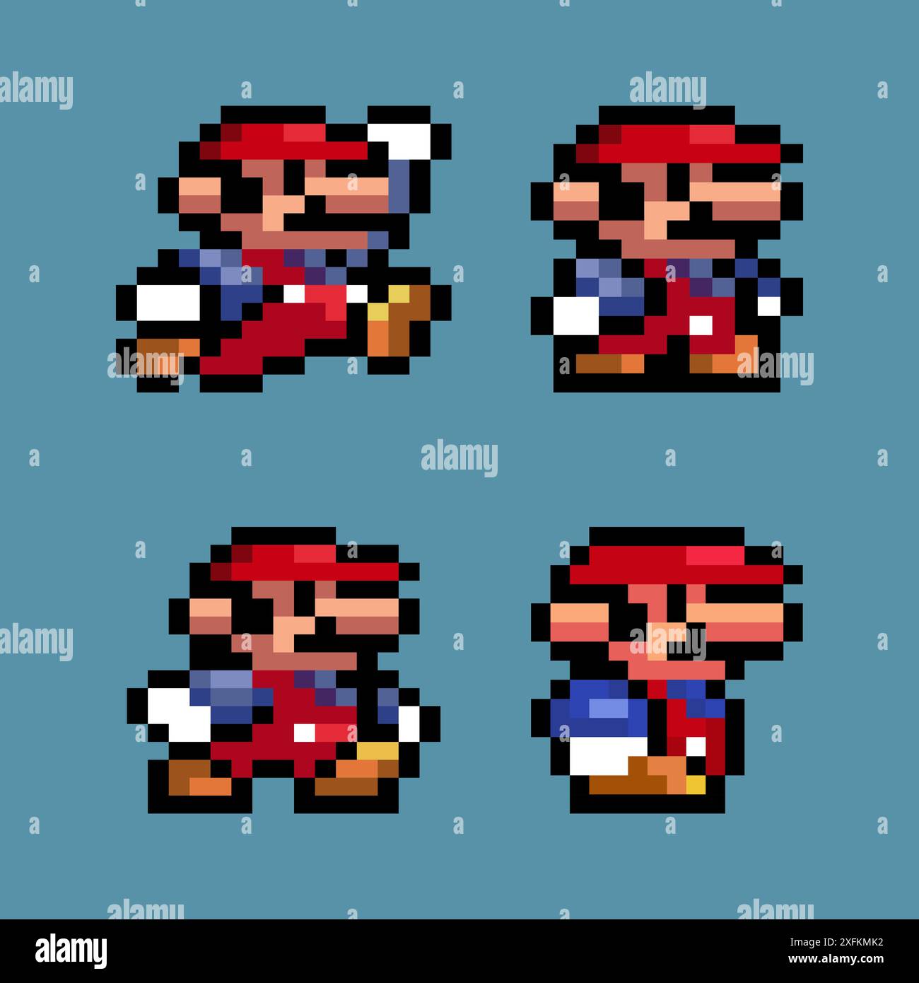 Kiev, Ucraina - 09 settembre 2021: Set di mosse di Mario, arte del videogioco classico Super Mario Bros a 16 bit, illustrazione vettoriale di pixel design. Super Mar Illustrazione Vettoriale