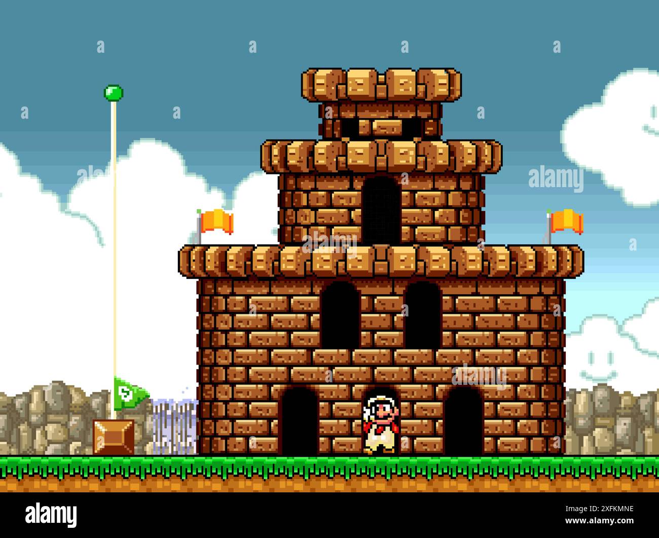 Kiev, Ucraina - 09 settembre 2021: Mario alla fine del livello, arte del videogioco classico Super Mario Bros a 16 bit, grafica vettoriale pixel design. Su Illustrazione Vettoriale