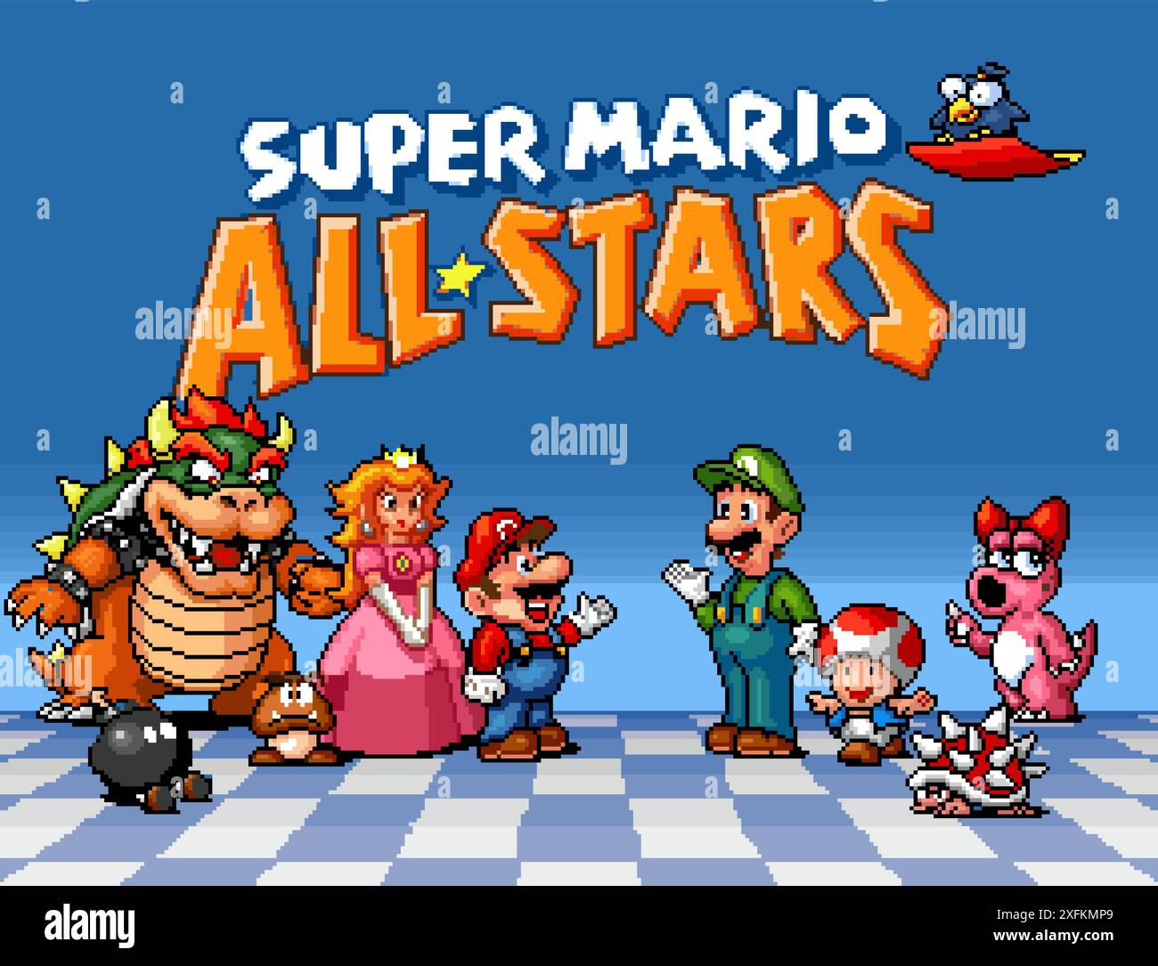 Kiev, Ucraina - 09 settembre 2021: Schermata iniziale della collezione di videogiochi classici Super Mario All Stars a 16 bit, sviluppata da Nintendo, pixel design Illustrazione Vettoriale