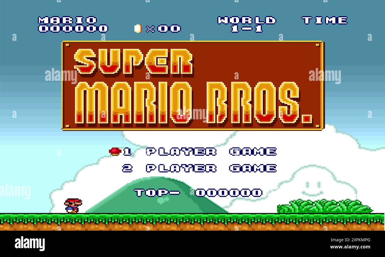 Kiev, Ucraina - 09 settembre 2021: Schermata iniziale del videogioco classico Super Mario Bros a 16 bit, illustrazione vettoriale del disegno dei pixel. Super Mario Bros sì Illustrazione Vettoriale