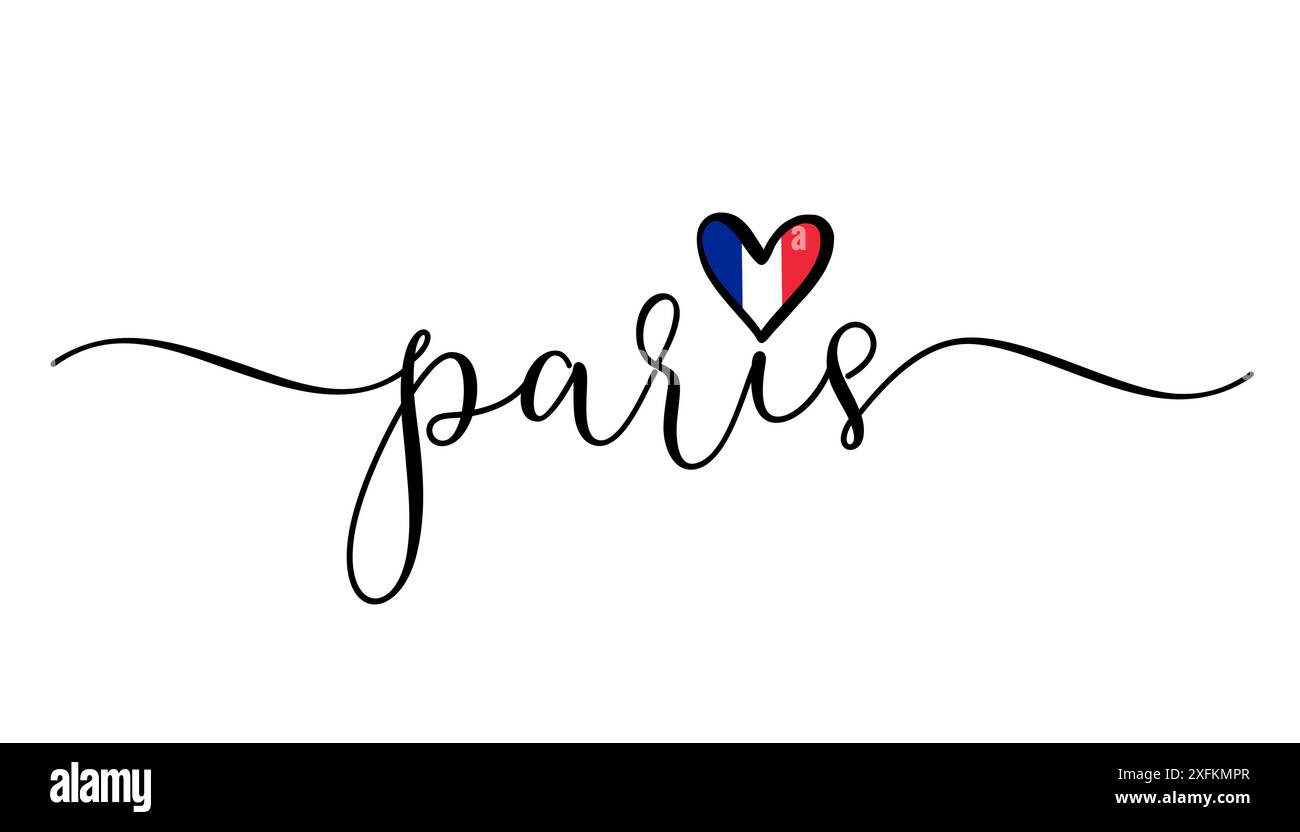 Parigi, elegante calligrafia e simbolo d'amore con bandiera nazionale. Vettore tipografico francese per concetto di vacanza o viaggio e design souvenir Illustrazione Vettoriale