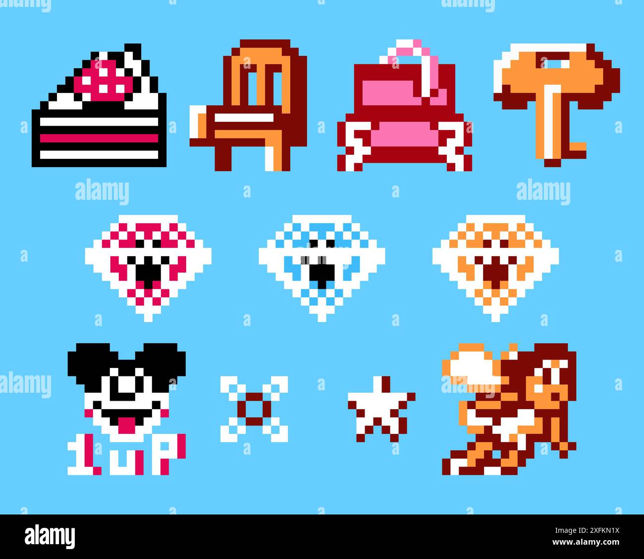 Kiev, Ucraina - 21 gennaio 2021: Set di oggetti bonus dal classico videogioco a 8 bit Mickey Mousecapade, illustrazione vettoriale pixel design. Mickey Mousec Illustrazione Vettoriale