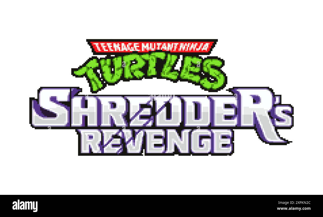 Kiev, Ucraina - 5 giugno 2022: Logotipo originale del videogioco Teenage Mutant Ninja Turtles Shredder's Revenge Modern con pixel design classico a 16 bit, Illustrazione Vettoriale