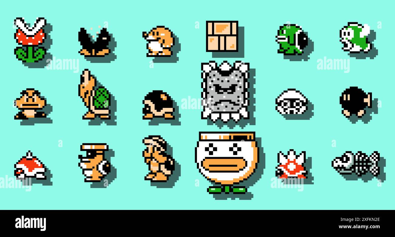 Kiev, Ucraina - 30 maggio 2022: Set di nemici personaggi dal classico videogioco Super Mario Bros 3, disegno pixel vettoriale illustrazione. Super Mario Bros Illustrazione Vettoriale