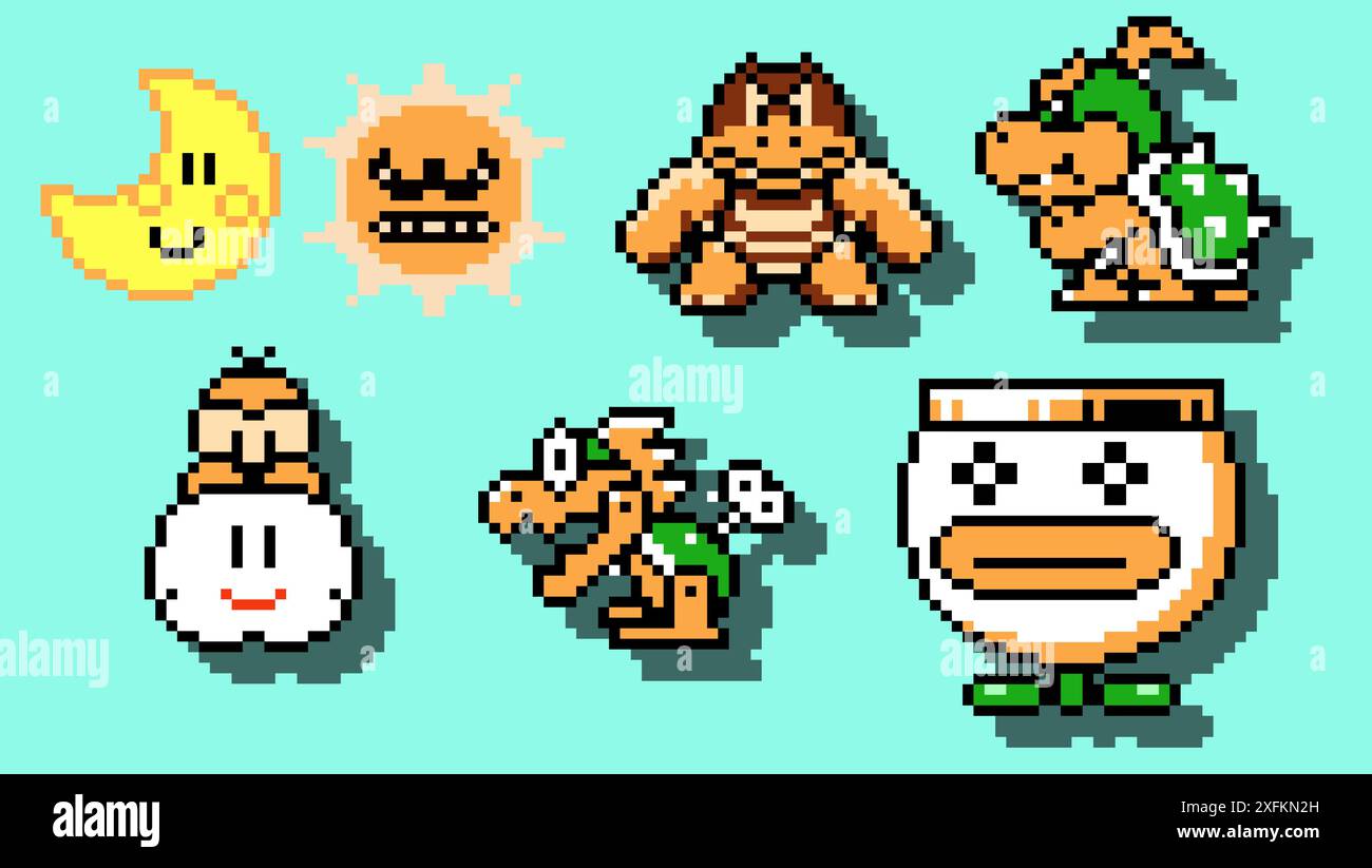Kiev, Ucraina - 30 maggio 2022: Set di personaggi Boss Enemies dal classico videogioco Super Mario Bros 3, disegno pixel vettoriale illustrazione. Super Mario Illustrazione Vettoriale