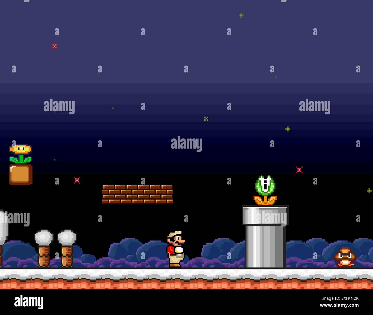 Kiev, Ucraina - 09 settembre 2021: Art of 16-bit Super Mario Bros classico videogioco, illustrazione vettoriale pixel design. Super Mario Bros è un platform Illustrazione Vettoriale