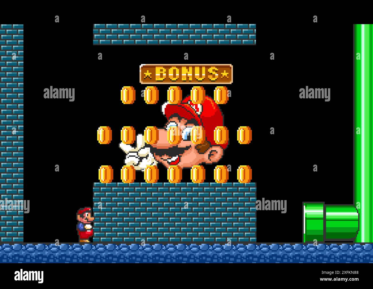 Kiev, Ucraina - 09 settembre 2021: Art of 16-bit Super Mario Bros classico videogioco, illustrazione vettoriale pixel design. Super Mario Bros è un platform Illustrazione Vettoriale