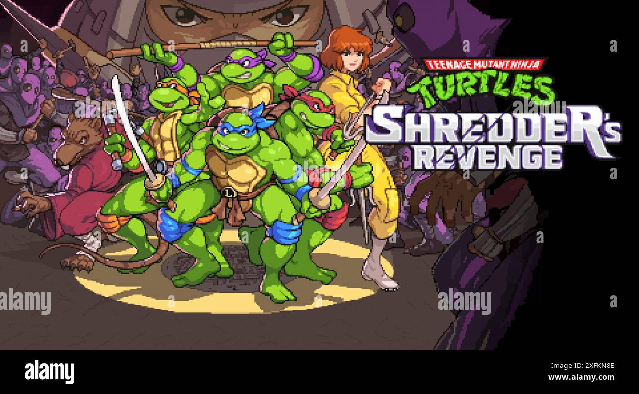 Kiev, Ucraina - 5 giugno 2022: Art of Start screen dal videogioco Teenage Mutant Ninja Turtles Shredder's Revenge Modern in pixel desi classico a 16 bit Illustrazione Vettoriale