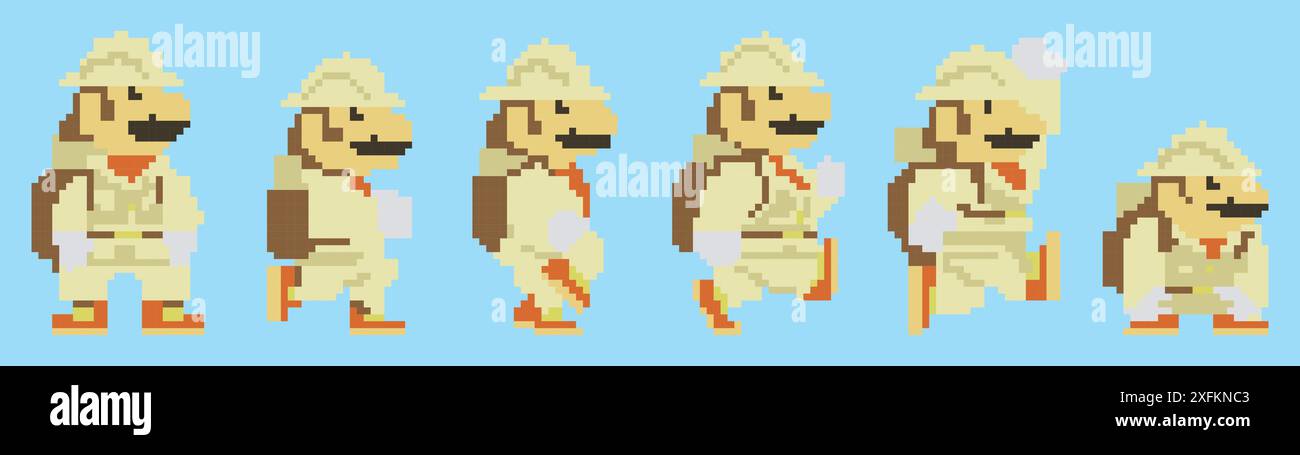 Kiev, Ucraina - 12 aprile 2023: Set of Mario Moves from Super Mario Odyssey videogioco. Art of Pixel Mario in Explorer Suit. Super Mario Odyssey è un Illustrazione Vettoriale