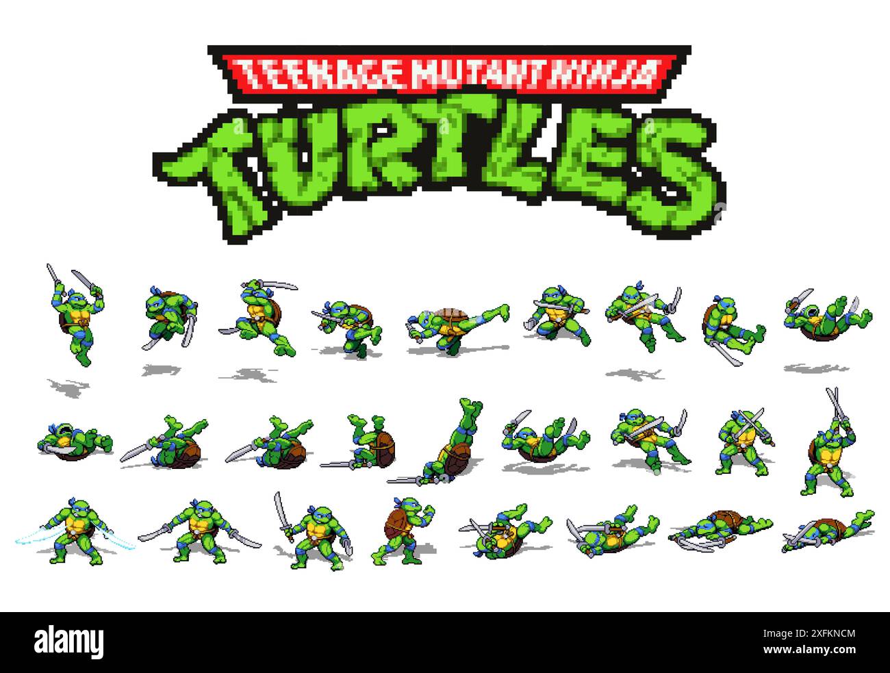 Kiev, Ucraina - 5 giugno 2022: Set 2 del personaggio Leonardo si sposta dal videogioco Teenage Mutant Ninja Turtles Shredder's Revenge Modern in 16 bit Illustrazione Vettoriale