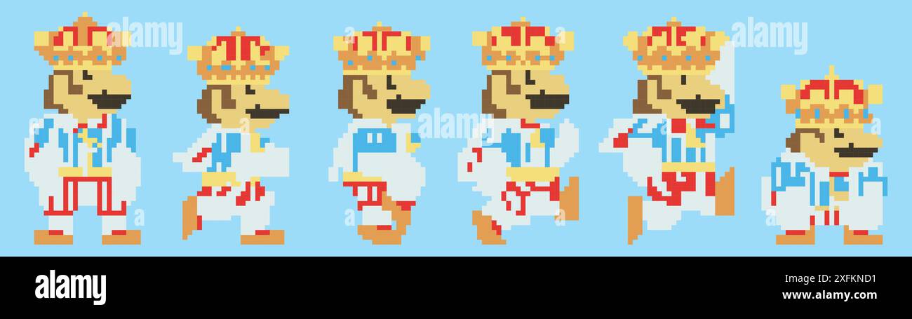 Kiev, Ucraina - 12 aprile 2023: Set of Mario Moves from Super Mario Odyssey videogioco. Art of pixel Mario in King Suit with Crown. Super Mario Odysse Illustrazione Vettoriale