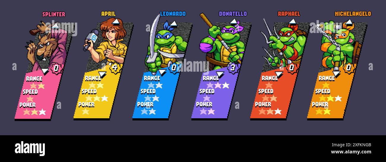 Kiev, Ucraina - 5 giugno 2022: Set di personaggi del videogioco Teenage Mutant Ninja Turtles Shredder's Revenge Modern in un classico pixel design a 16 bit Illustrazione Vettoriale