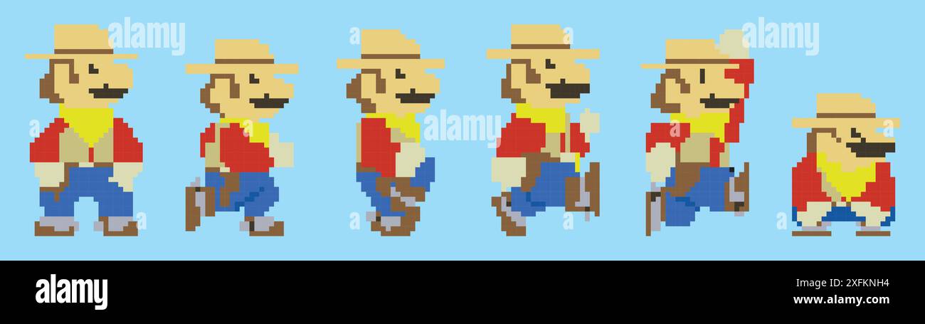 Kiev, Ucraina - 12 aprile 2023: Set of Mario Moves from Super Mario Odyssey videogioco. Art of pixel Mario in Cowboy Suit. Super Mario Odyssey è un PL Illustrazione Vettoriale