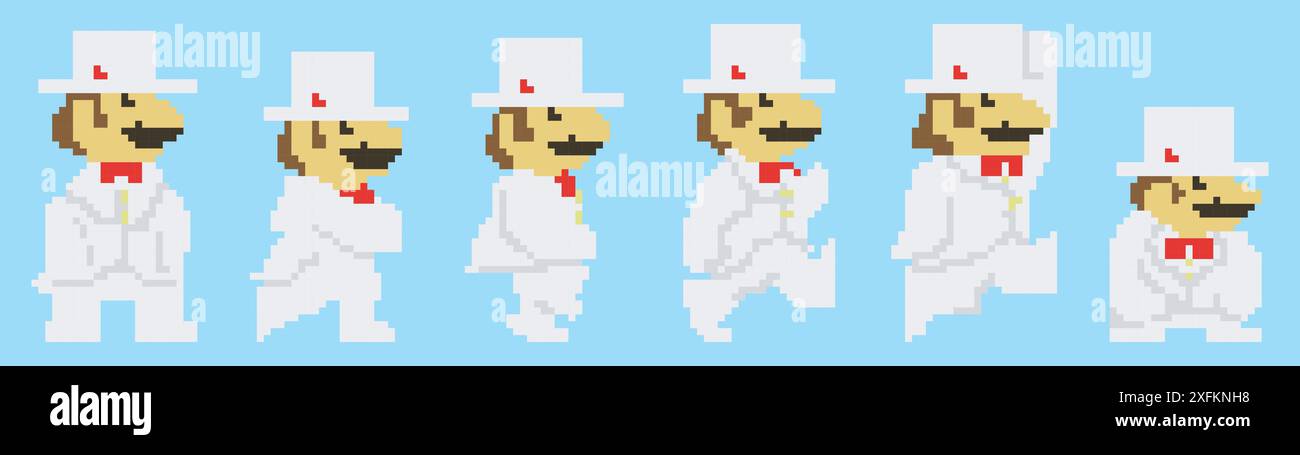 Kiev, Ucraina - 12 aprile 2023: Set of Mario Moves from Super Mario Odyssey videogioco. Art of pixel Mario in Tuxedo Suit with Top Hat. Super Mario OD Illustrazione Vettoriale