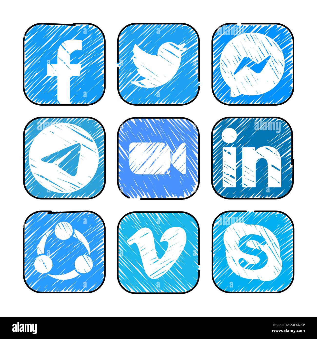 Kiev, Ucraina - 28 settembre 2022: Set di icone di app mobili popolari in stile disegnato a mano: Facebook, Twitter, Messenger, Telegram e altri, b Illustrazione Vettoriale