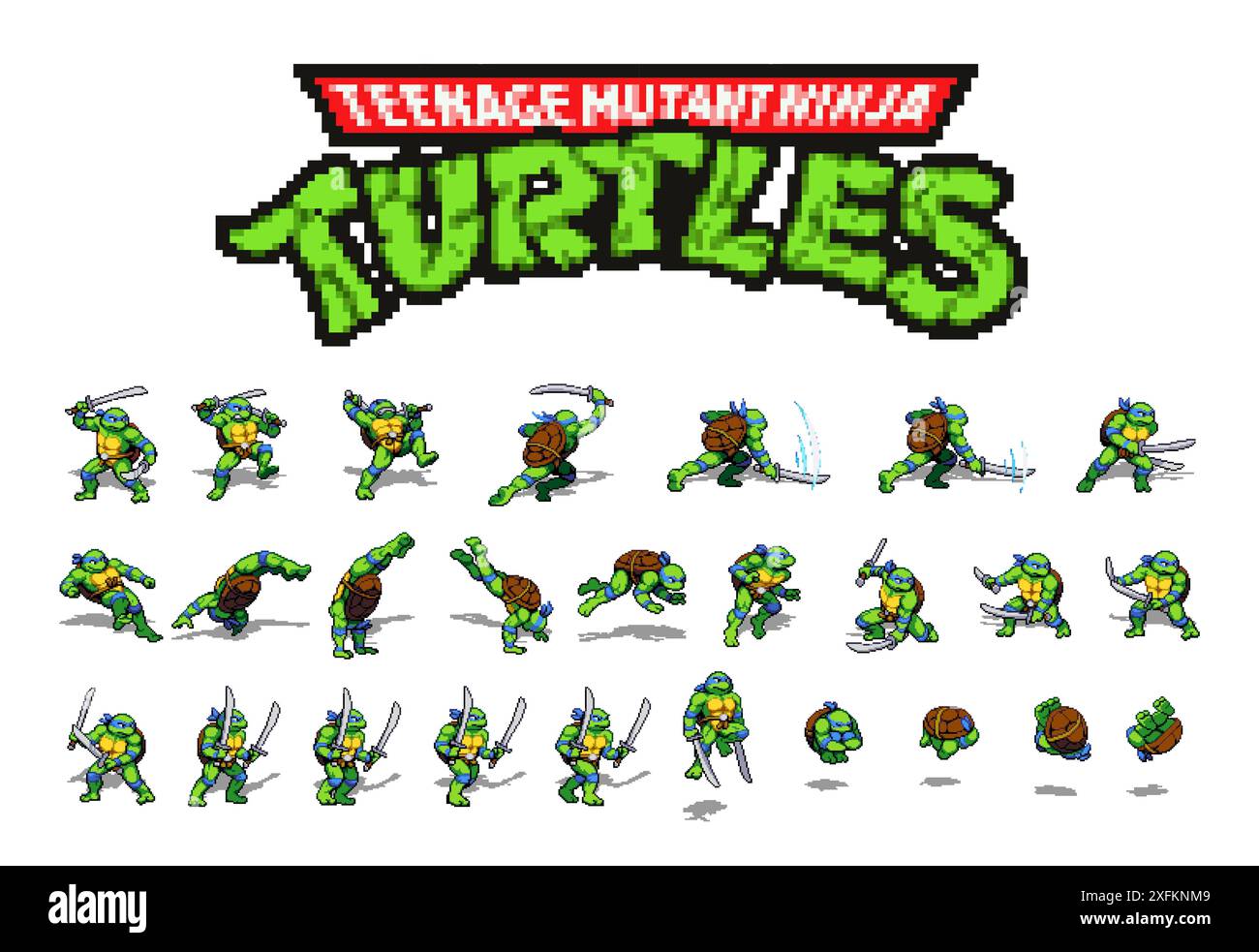Kiev, Ucraina - 5 giugno 2022: Set 1 del personaggio Leonardo si sposta dal videogioco Teenage Mutant Ninja Turtles Shredder's Revenge Modern in 16 bit Illustrazione Vettoriale