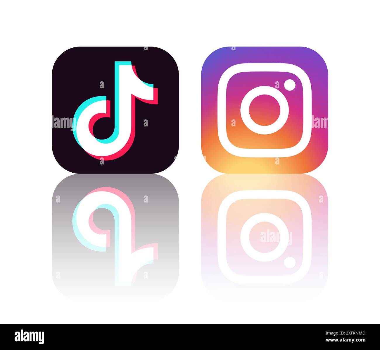 Kiev, Ucraina - 28 settembre 2022: Icone delle app mobili TikTok e Instagram con riflesso, illustrazione vettoriale Illustrazione Vettoriale
