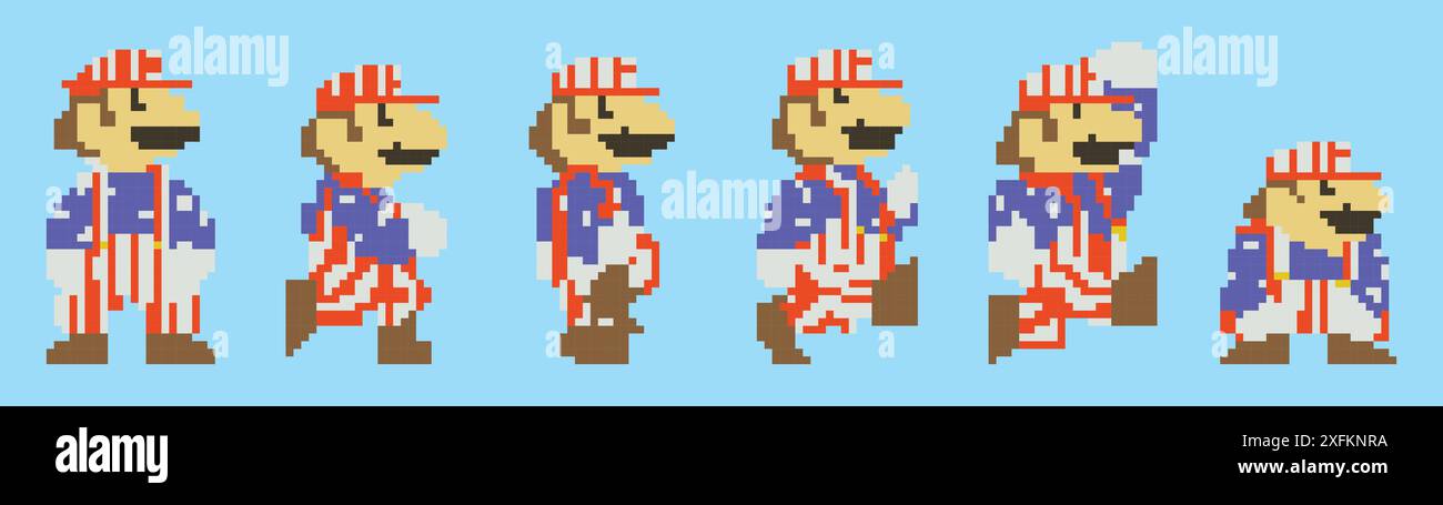 Kiev, Ucraina - 12 aprile 2023: Set of Mario Moves from Super Mario Odyssey videogioco. Art of pixel Mario in Golf Suit. Super Mario Odyssey e' un piatto Illustrazione Vettoriale