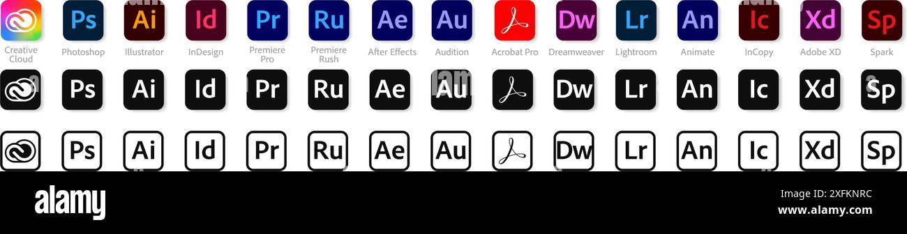 Set di icone delle applicazioni Adobe: Creative Cloud, Photoshop, Illustrator, InDesign, Adobe XD e altri Illustrazione Vettoriale