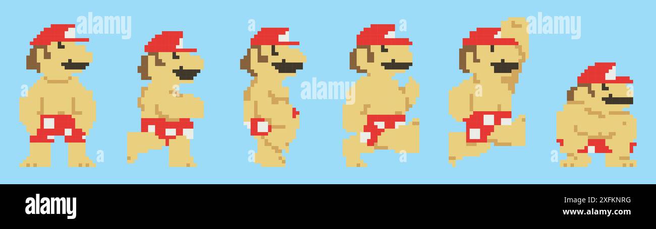 Kiev, Ucraina - 12 aprile 2023: Set of Mario Moves from Super Mario Odyssey videogioco. Arte del pixel Mario in Boxer Shorts. Super Mario Odyssey è un p Illustrazione Vettoriale