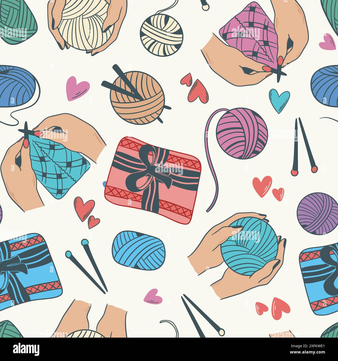 Motivo senza cuciture in stile doodle sul tema della lavorazione a maglia. Fatti a mano, sfondo di lavoro a maglia. Stampa con filati, fili, aghi per maglieria, mani per maglieria Illustrazione Vettoriale