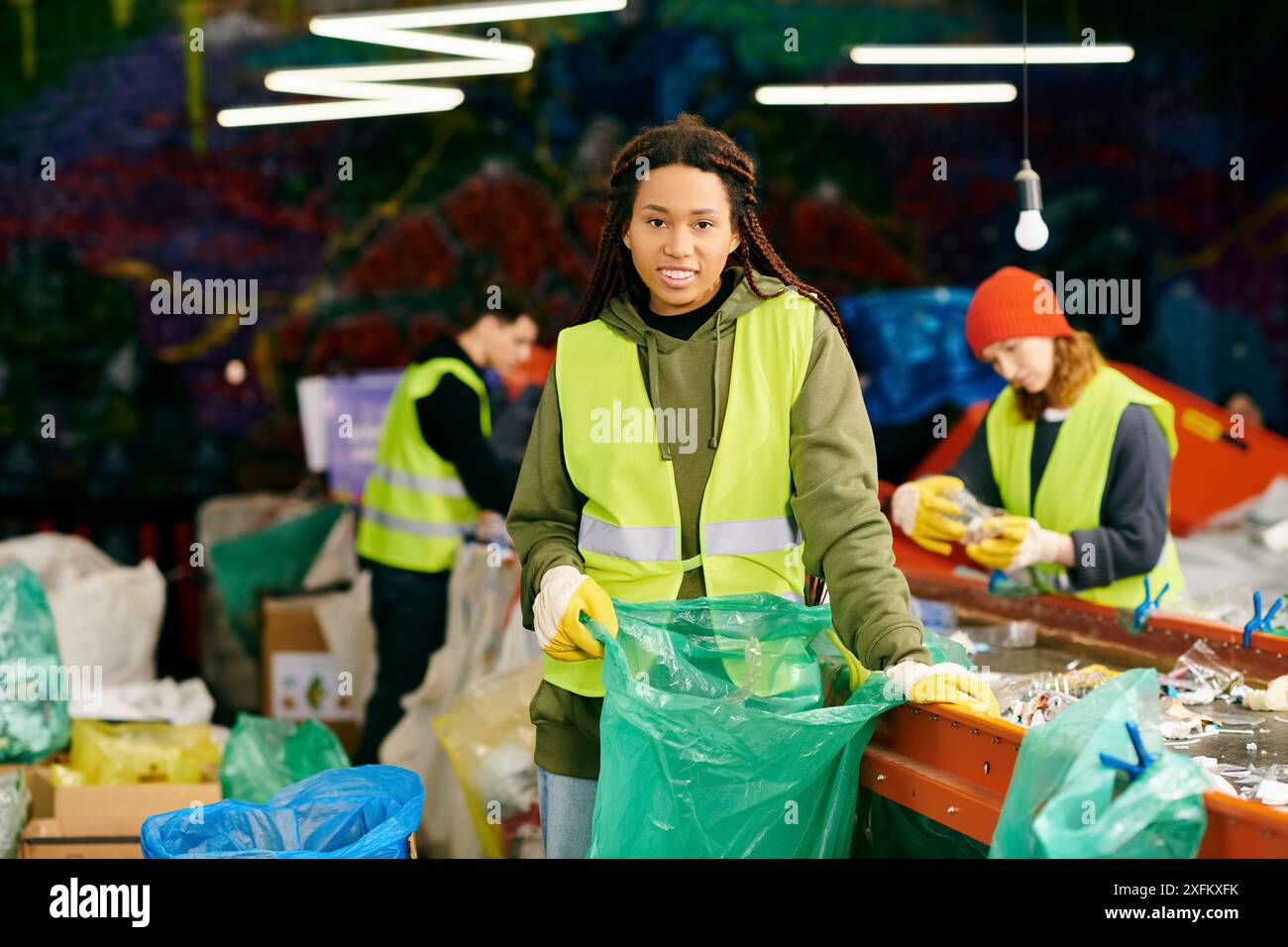 Il giovane volontario in gilet giallo smista la spazzatura, tenendo in mano il sacchetto verde in occasione di un evento eco-consapevole. Foto Stock