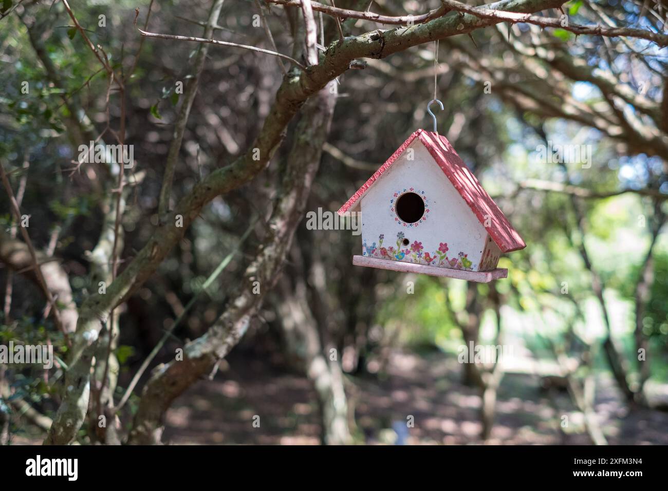 Una casa per uccelli bianca con un nastro rosa appeso ad essa Foto Stock