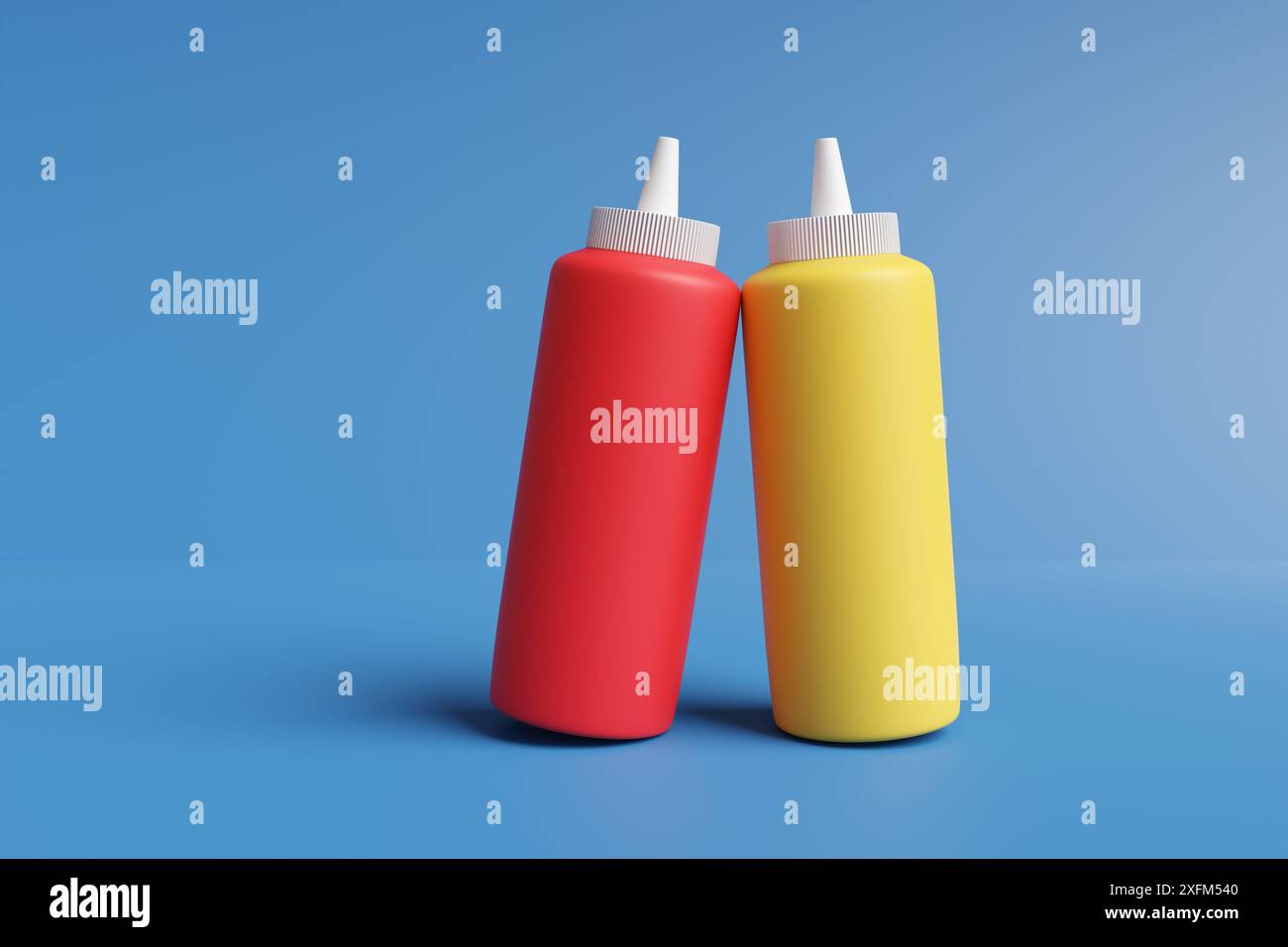 Bottiglie di ketchup rosso e salsa di senape gialla su sfondo blu. Illustrazione del concetto di condimenti e fast food Foto Stock