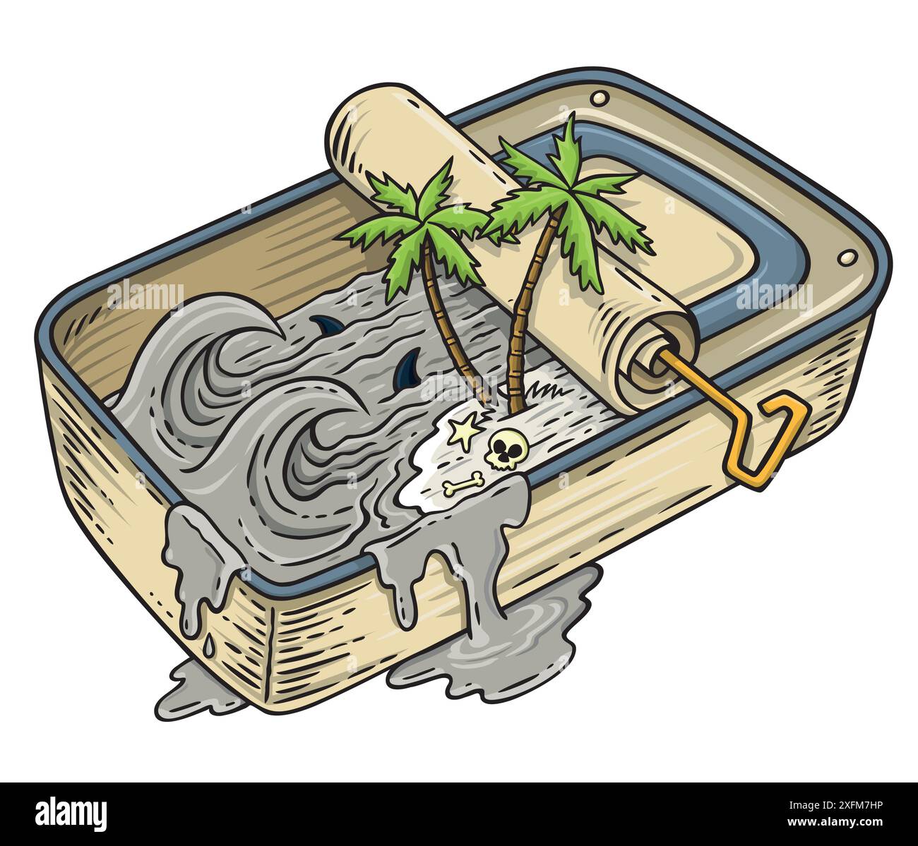 Illustrazione vettoriale disegnata a mano del paesaggio tropicale dell'isola con onde surfabili all'interno di una scatola di sardine. Illustrazione Vettoriale