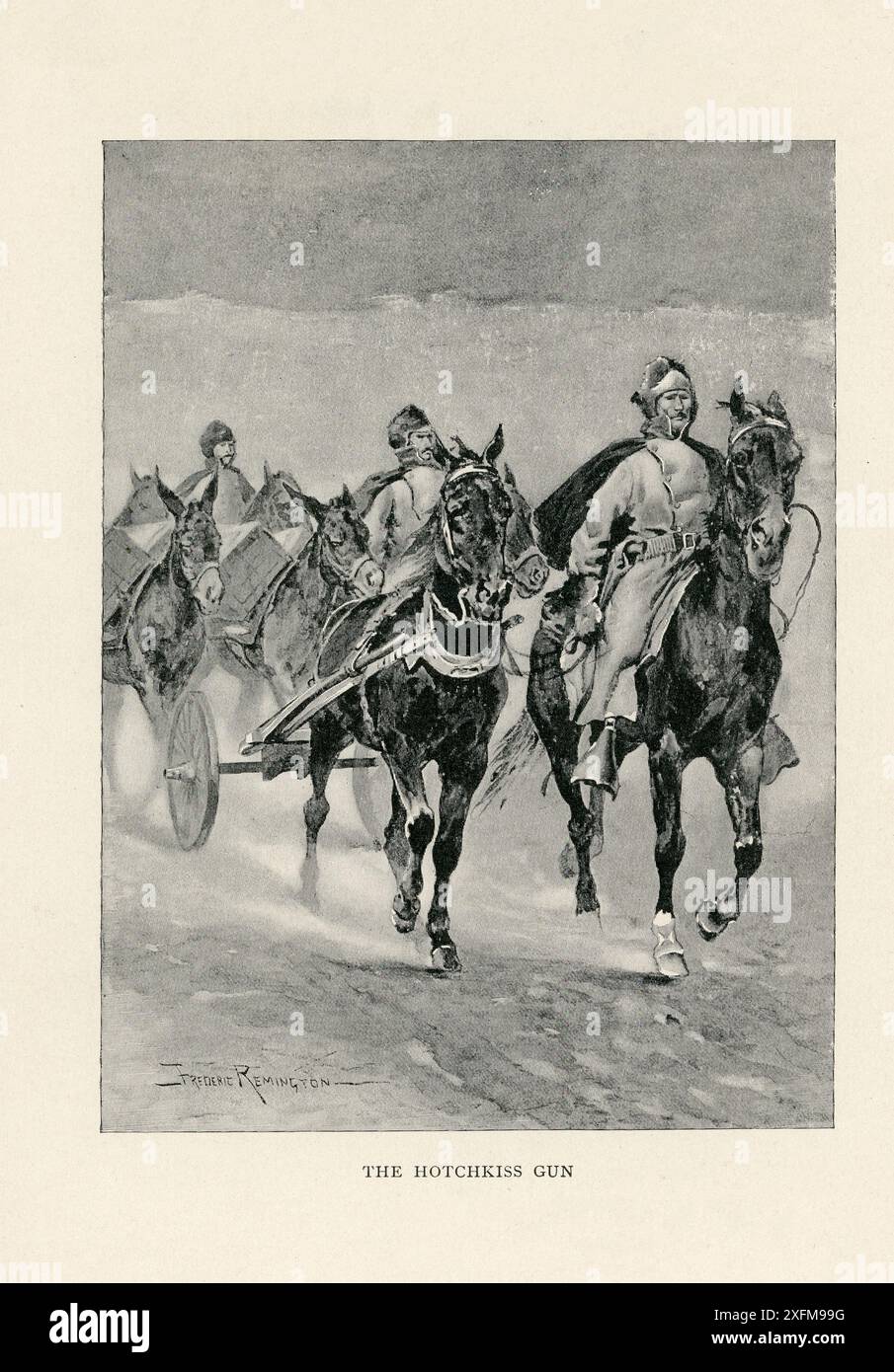 La pistola Hotchkiss. Batteria "e" prima artiglieria statunitense. Battaglia di Wounded Knee. Dakota del Sud. Dicembre 1890. L'illustrazione si riferisce alle guerre indiane, tra il 1851 e il 1922. Foto Stock