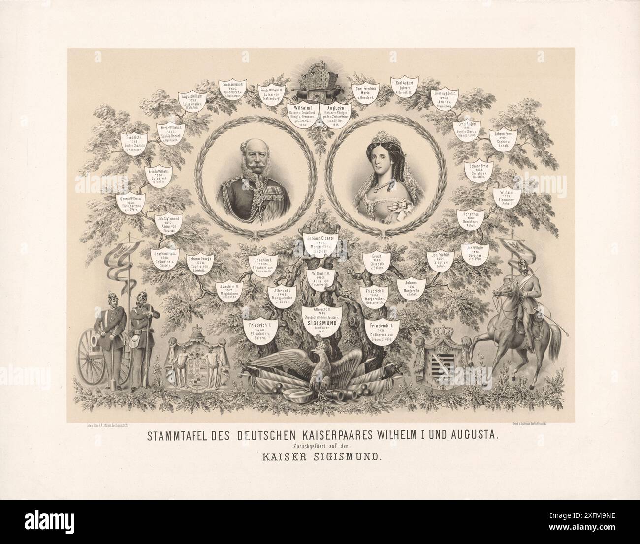 Tavola genealogica della coppia imperiale tedesca Guglielmo i e Augusta: Risale all'imperatore Sigismondo, 1880 Guglielmo i o Guglielmo i (1797–1888) fu re di Prussia dal 2 gennaio 1861 e imperatore tedesco dal 18 gennaio 1871 fino alla sua morte nel 1888. Membro della Casa di Hohenzollern, fu il primo capo di stato di una Germania unita. Augusta (1811-1890) fu regina consorte di Prussia dal 1861 e imperatrice tedesca dal 1871, moglie di Guglielmo I.. Foto Stock