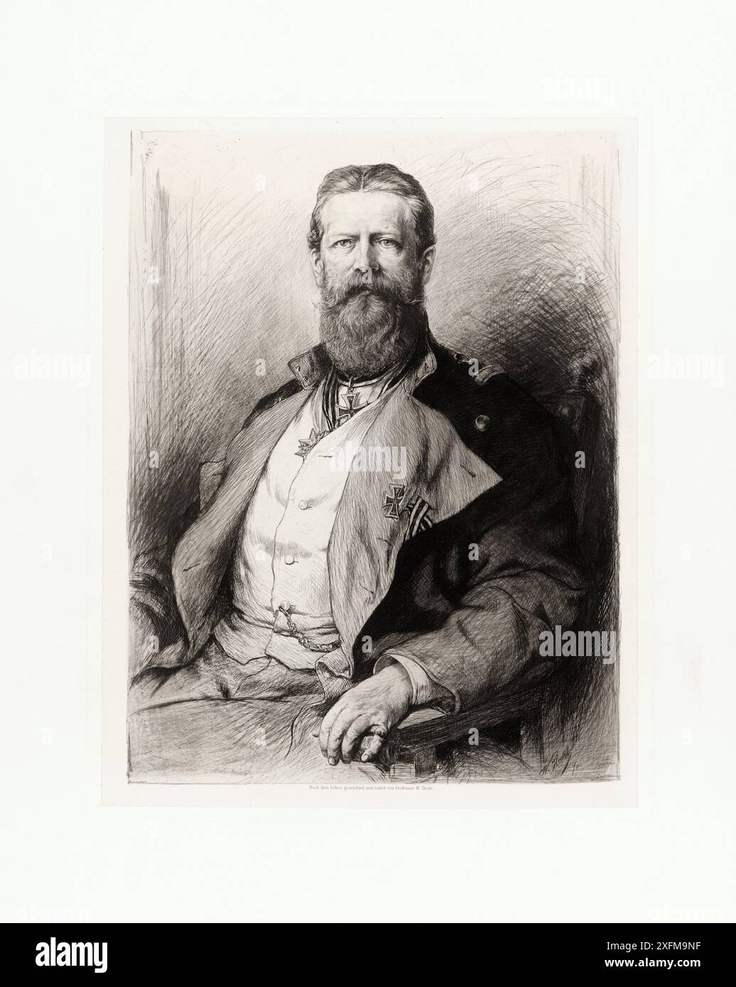 Ritratto del Kronprinz Friedrich Wilhelm von Preußen futuro imperatore tedesco Federico III 1884 Federico III (tedesco: Friedrich Wilhelm Nikolaus Karl 1831 – 1888) fu imperatore tedesco e re di Prussia tra marzo e giugno 1888, durante l'anno dei tre imperatori. Conosciuto informalmente come "Fritz", era l'unico figlio dell'imperatore Guglielmo i e fu cresciuto nella tradizione di servizio militare della sua famiglia. Foto Stock