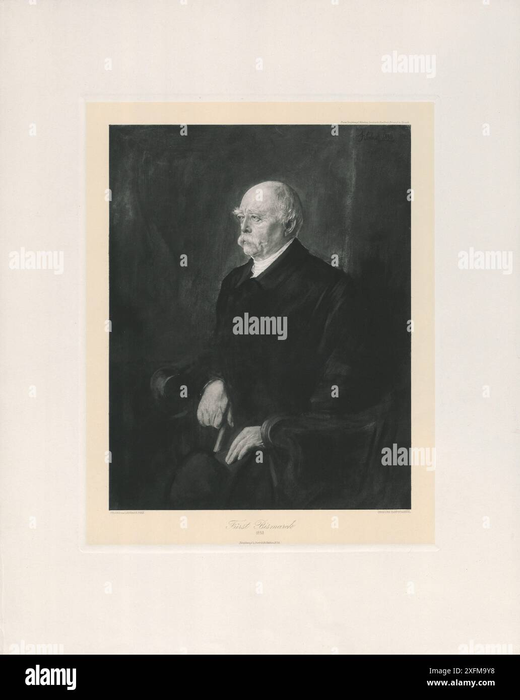 Ritratto di otto von Bismarck. 1893 Ottone, Principe di Bismarck, Conte di Bismarck-Schönhausen, Duca di Lauenburg (1815–1898) fu un politico e diplomatico tedesco conservatore. Dal 1862 al 1890 - con una breve interruzione nel 1873 - fu primo ministro della Prussia, e dal 1867 al 1871 fu anche cancelliere della Confederazione tedesca del Nord. Dal 1871 al 1890 fu il primo cancelliere dell'Impero tedesco, la cui fondazione aveva significativamente promosso. Bismarck è considerato il finitore dell'unificazione tedesca e il fondatore del moderno stato sociale. Foto Stock