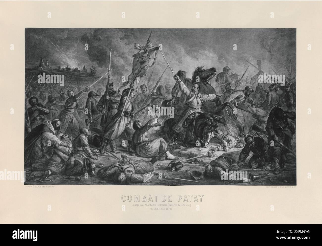 Battaglia di Patay durante la guerra franco-prussiana: Carica dei volontari occidentali (veterani del pontificio zouaves), (2 dicembre 1870). 1871 gli Zouaves papali (Zuavi Pontifici) furono un battaglione di fanteria, in seguito reggimento, dedicato alla difesa dello Stato Pontificio. Dopo la presa di Roma da parte di Vittorio Emanuele nel 1870, 760 soldati francesi dello sciolto Zouaves papale, guidati dal colonnello de Charette, offrirono il loro servizio al governo francese di difesa nazionale. Furono rinominati Légion de Volontaires de l'Ouest (Legione dei volontari dell'Occidente). Mantenendo la P grigia e rossa Foto Stock