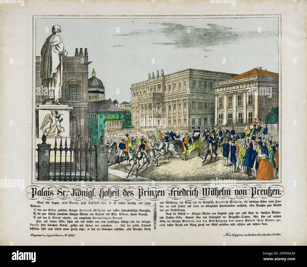 Litografia a colori del Palazzo di sua altezza Principe Federico Guglielmo di Prussia, 1859 il Palazzo Vecchio (tedesco: Altes Palais), chiamato anche Palazzo Kaiser Wilhelm (Kaiser-Wilhelm-Palais), è un'ex residenza reale prussiana sul viale Unter den Linden a Mitte, il cuore storico e il centro della città di Berlino. Fu costruita tra il 1834 e il 1837 per ordine del principe Guglielmo di Prussia, che in seguito divenne Guglielmo i, imperatore tedesco, secondo i piani di Carlo Ferdinando Langhans in stile neoclassico. Danneggiato durante i bombardamenti alleati nella seconda guerra mondiale, il vecchio Palazzo fu ricostruito dal 1963 al 1964 come parte di Foto Stock