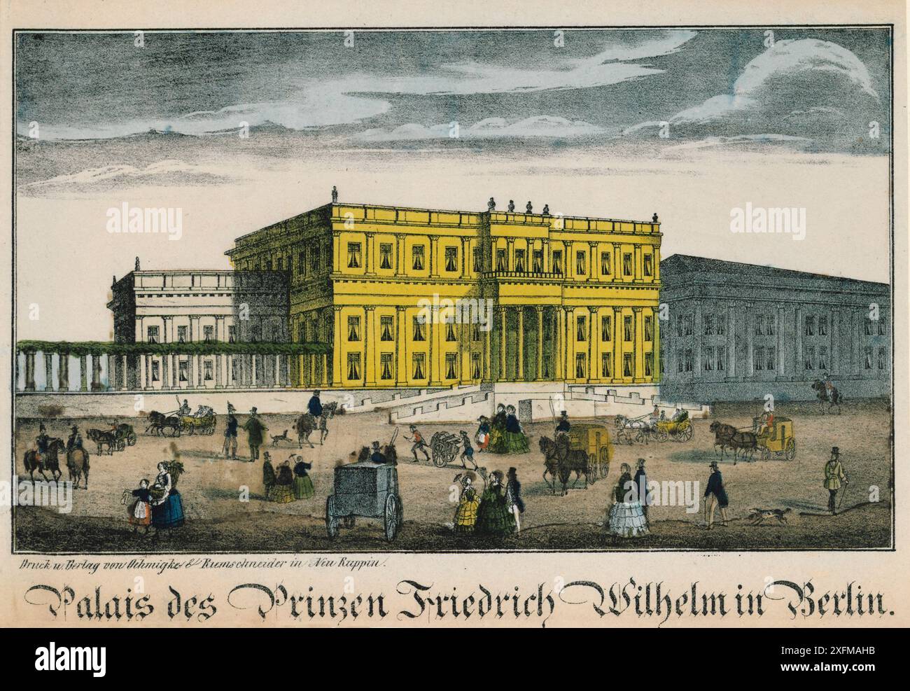 Litografia a colori del Palazzo del Principe Federico Guglielmo a Berlino. 1858 il Palazzo Vecchio (in tedesco: Altes Palais), chiamato anche Palazzo Kaiser Wilhelm (Kaiser-Wilhelm-Palais), è un'ex residenza reale prussiana sul viale Unter den Linden a Mitte, il cuore storico e il centro della città di Berlino. Fu costruita tra il 1834 e il 1837 per ordine del principe Guglielmo di Prussia, che in seguito divenne Guglielmo i, imperatore tedesco, secondo i piani di Carlo Ferdinando Langhans in stile neoclassico. Danneggiato durante i bombardamenti alleati durante la seconda guerra mondiale, il Vecchio Palazzo fu ricostruito dal 1963 al 1964 come parte del Forum Frid Foto Stock