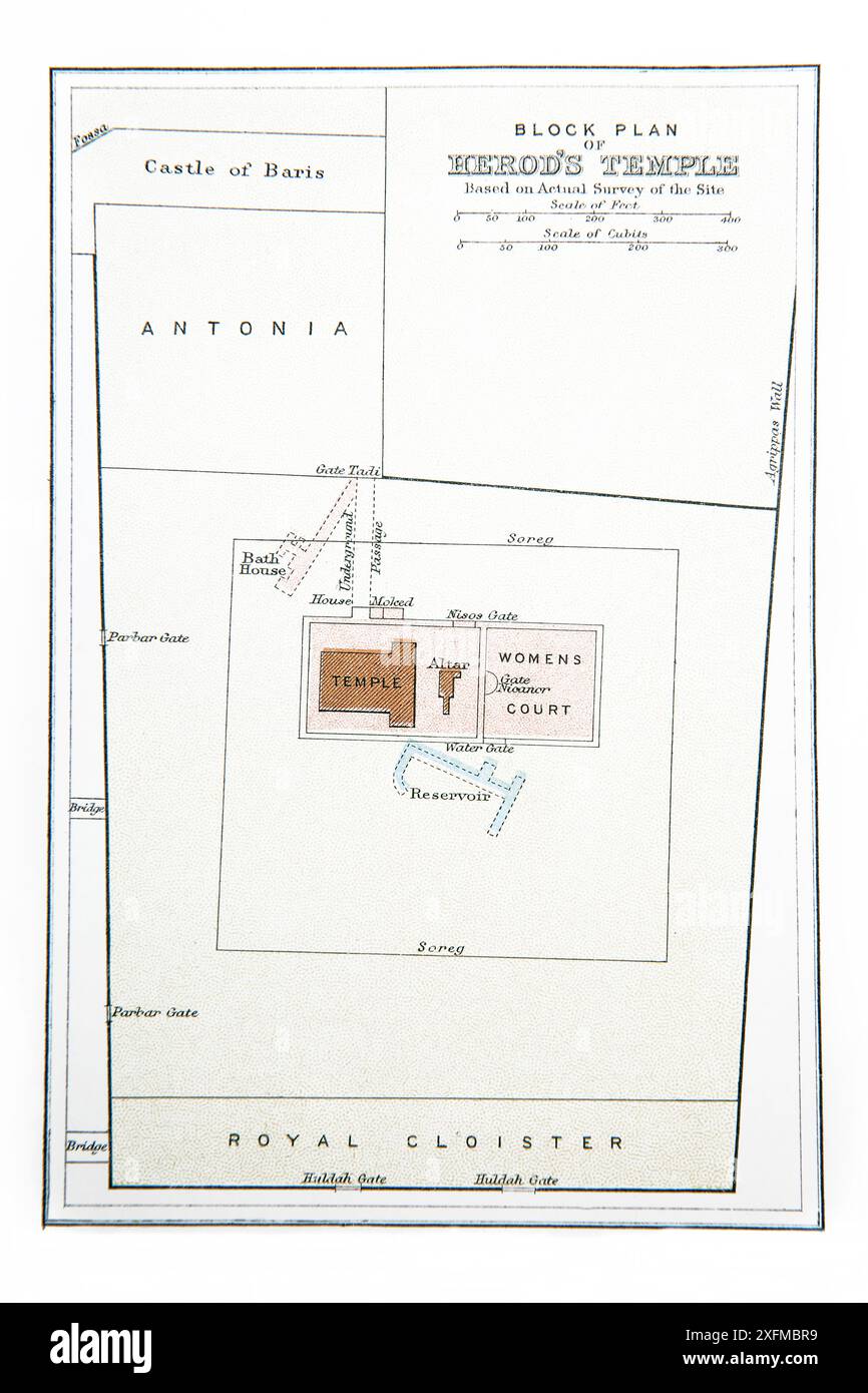 Block Plan del Tempio di Erode basato sull'indagine effettiva del sito nella Bibbia della famiglia autoesplicativa del XIX secolo Foto Stock