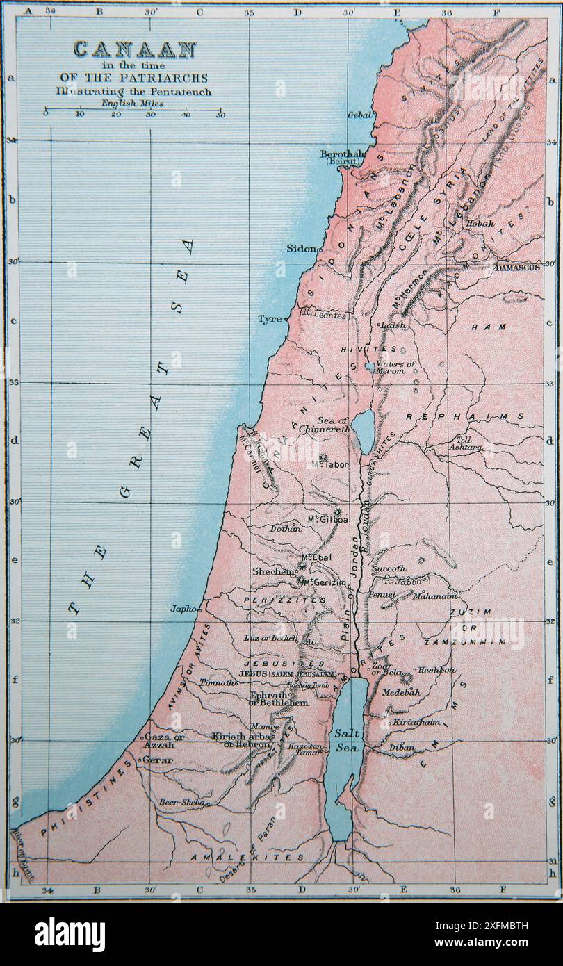 Mappa di Canaan ai tempi dei Patriarchi che illustra il Pentateuco che mostra gli eventi dell'Antico Testamento nella Bibbia autoesplicativa dell'Antica Ottocento Foto Stock