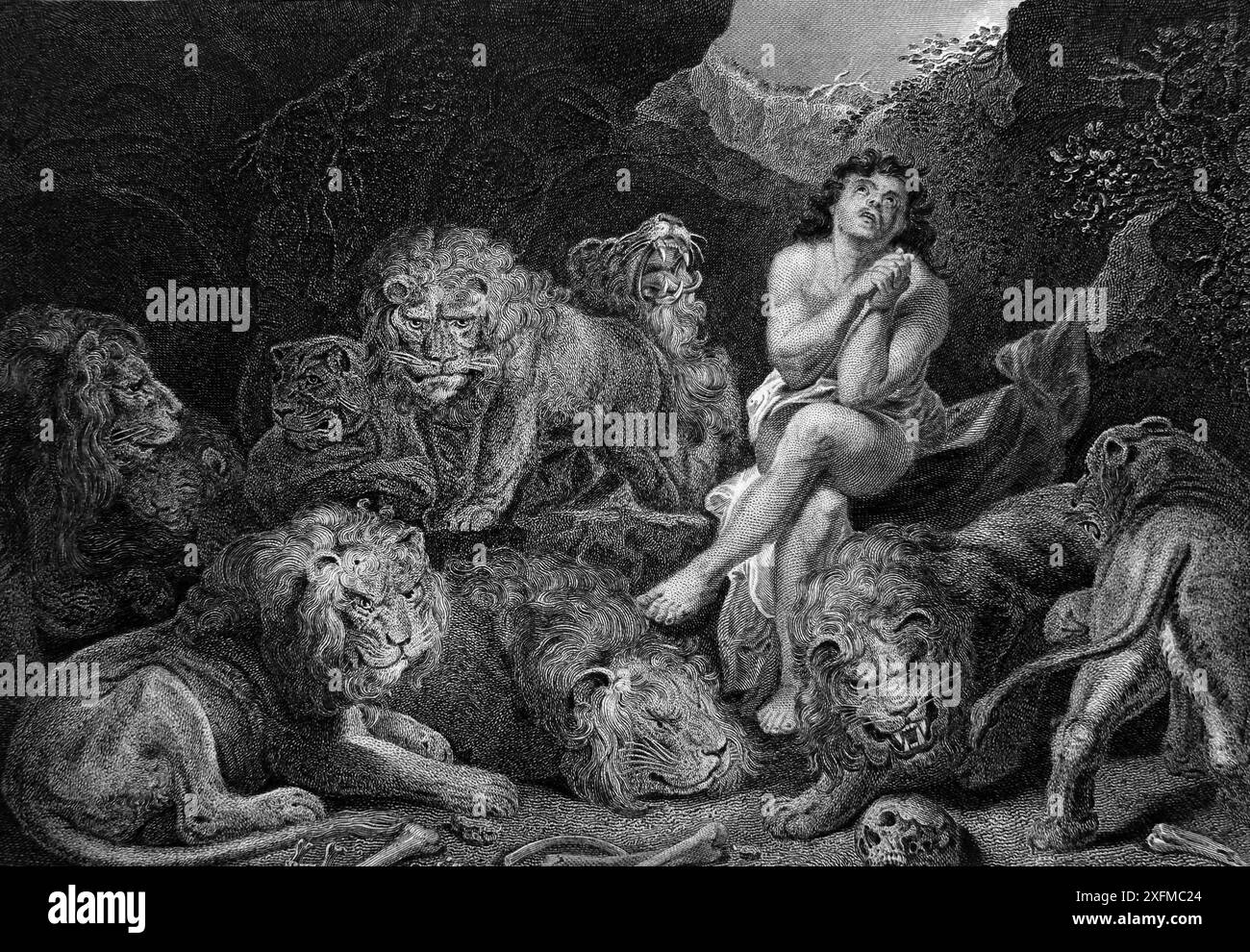 Incisione di Daniele nei Leoni Den'My God ha inviato il suo Angelo, e ha chiuso le bocche dei Leoni (Libro di Daniele) dal XIX secolo Imperial Illu Foto Stock