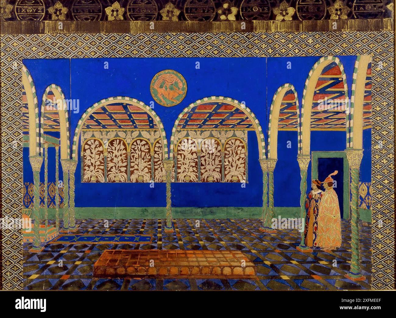 Scenografia dell'opera teatrale "il Martirio di San Sebastiano" di Gabriele D'Annuzio. Museo: Bibliothèque-Musée de l'Opera Garnier, Parigi. Autore: Leon Bakst. Foto Stock