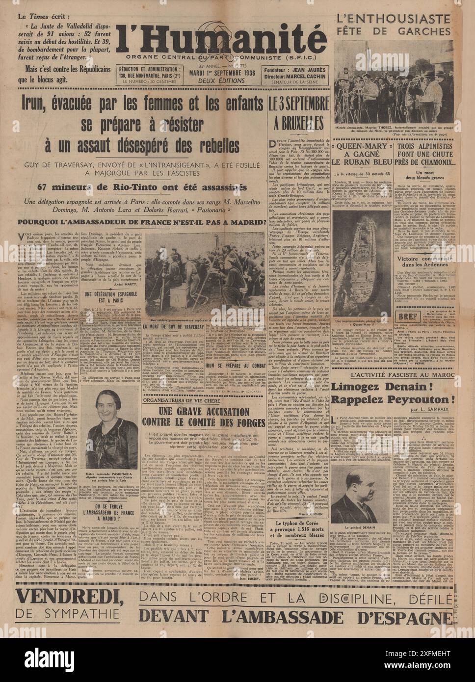 España. Guerra Civil (1936-1939). Portada del Periódico francés l'Humanité, órgano Central del Partido Comunista. París, septiembre de 1936. Foto Stock