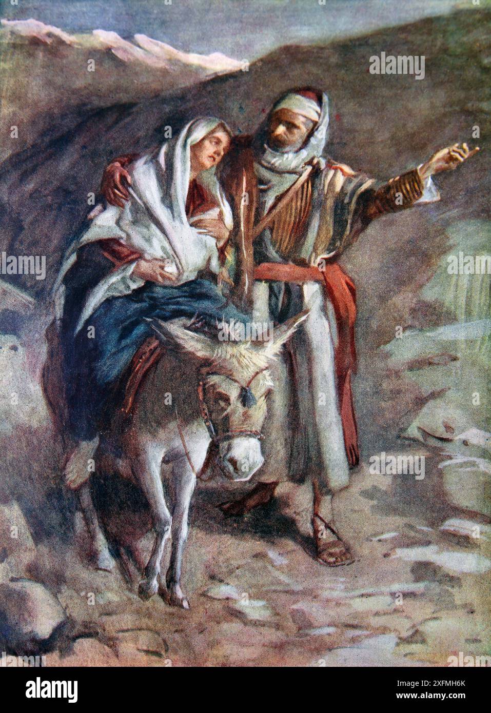 Illustrazione della fuga in Egitto (Matteo) - Vergine Maria che regge il bambino Gesù su un asino guidata da Giuseppe che fugge in Egitto da Harold Copping Foto Stock